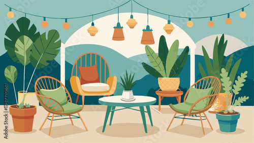A cozy outdoor patio with a mix of vintage wicker furniture and modern succulent plants.