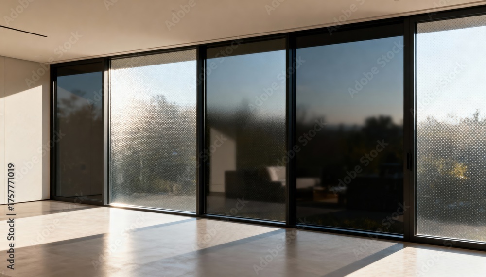 Fototapeta premium Medium shot of adaptive smart windows adjusting tint in response to changing sunlight enhancing indoor comfort and reducing glare naturally.