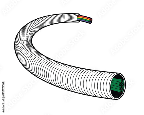 Flexible corrugated conduit with electrical wires inside on white background