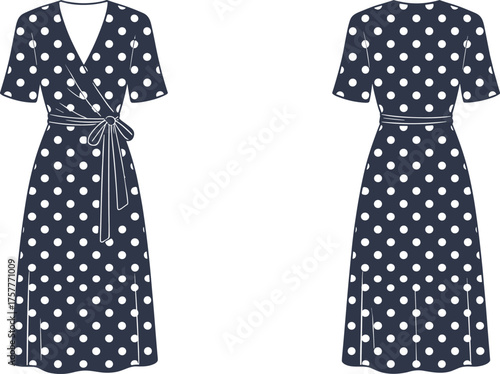 Navy polka‑dot wrap dress front and back view, CAD drawing, flat vector illustration, women’s apparel template, belted fashion design, midi garment sketch