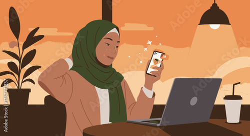 A modern Muslim woman in a hijab smiles while using her smartphone and laptop at a cozy cafe, engaging with digital content.