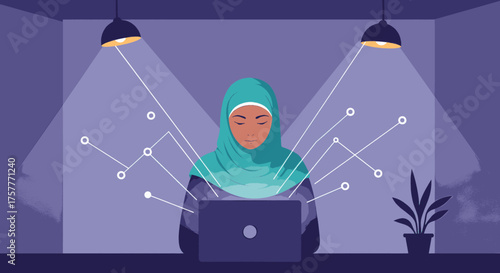 A focused woman in a teal hijab diligently works on her laptop, illuminated by modern lamps, with abstract digital data streams symbolizing digital innovation.