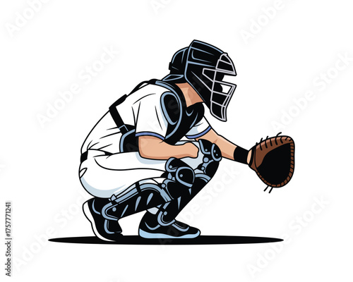Baseball catcher in protective gear crouching ready to catch ball