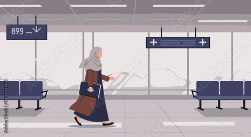 A professional Muslim woman wearing a hijab confidently walks through a modern airport terminal, carrying her luggage and briefcase, ready for her next journey.