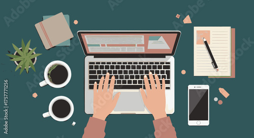 Hands diligently type on a sleek laptop, surrounded by coffee, a smartphone, and a notebook, illustrating a focused, productive remote workspace.