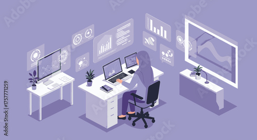 A woman in a hijab works on a laptop, surrounded by futuristic holographic data displays, illustrating modern business intelligence and technology.