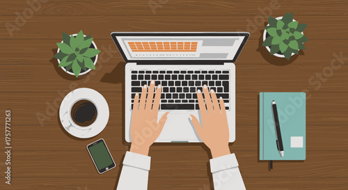 A person's hands are actively typing on a sleek laptop, surrounded by a coffee cup, smartphone, and green plants, illustrating a modern and productive workspace.