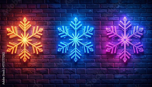 Fototapeta Naklejka Na Ścianę i Meble -  Neon snowflakes on a brick wall (4)