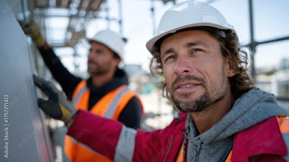 Obraz premium A group of construction workers pay close attention as they install wall panels, illustrating the importance of teamwork and precision in a bustling construction site.