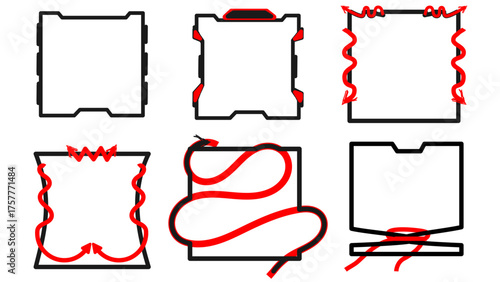 Six different illustrations of a square frame with red wavy lines and shapes added to its edges and interior.