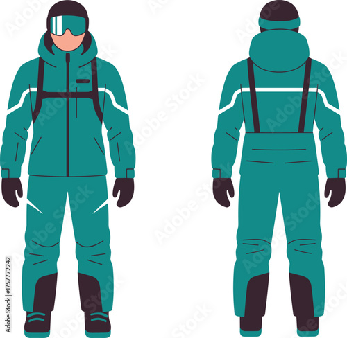 Ski snowboarding outfit front and back view, CAD drawing, flat vector illustration, winter sportswear template, insulated outerwear design, professional gear sketch, editable garment