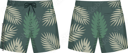Tropical leaf shorts front and back view, CAD drawing, flat vector illustration, summer apparel template, beachwear design, casual clothing outline, editable garment sketch