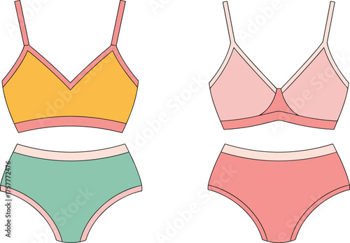Women’s underwear sets front and back view, CAD drawing, flat vector illustration, lingerie template, bra and panties design, intimate apparel sketch, editable outfit