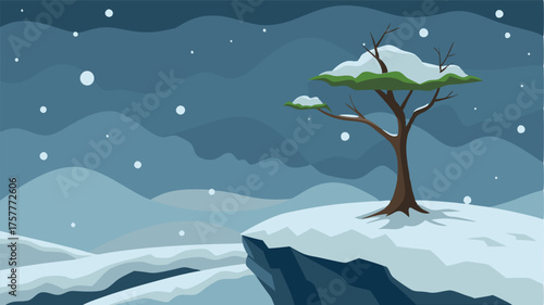A lone tree stands at the edge of Snowy Ridge its branches weighted down by the heavy snowfall.