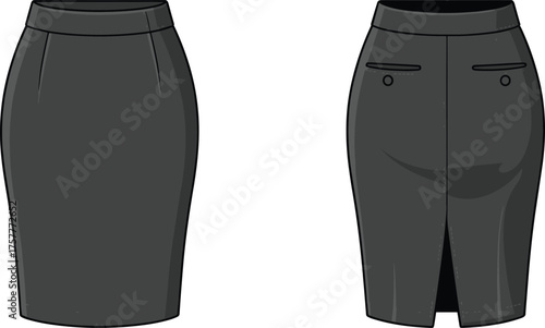 CAD drawing flat vector illustration of black pencil skirt with high waistband, welt pockets, center back slit, knee length professional formal fashion design