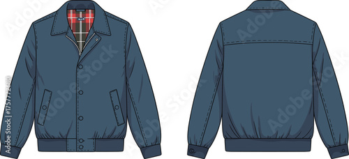 CAD drawing flat vector illustration of blue button down jacket with collar, flap pockets, ribbed cuffs hem, plaid lining casual outerwear design