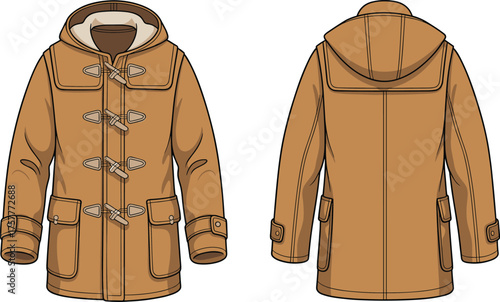 CAD drawing flat vector illustration of brown duffle coat with hood, toggle fastenings, rope loops, flap pockets, adjustable cuffs, winter fashion design