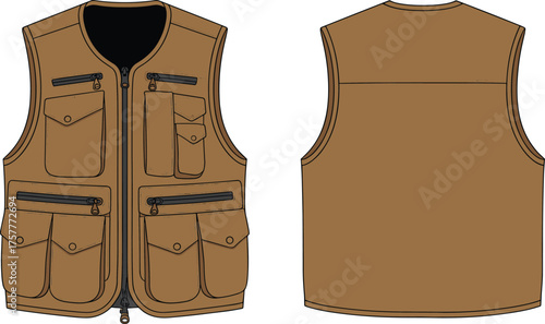 CAD drawing flat vector illustration of brown utility vest with multiple pockets, zipper closure, sleeveless outdoor apparel design for fishing hiking photography gear