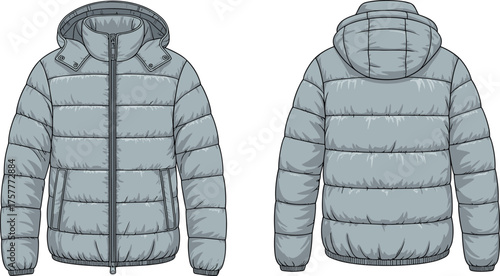 CAD drawing flat vector illustration of light gray puffer jacket with hood, quilted insulation, zipper closure, elastic cuffs, winter outerwear fashion design