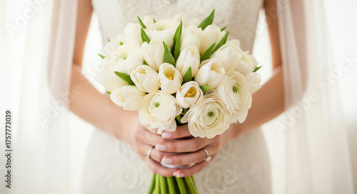 A hyper-realistic, high-detail close-up photograph of a bride's hands gently holding a gorgeous wedding bouquet filled with white Tulips, white Ranunculus.