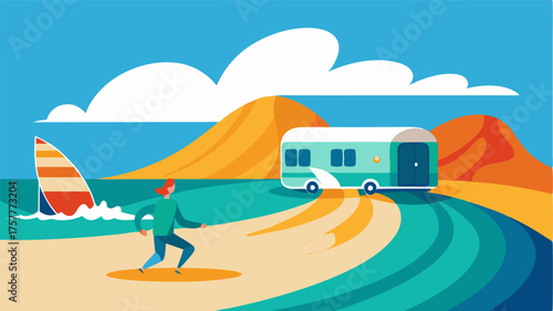 A lone surfer catching the perfect wave with the caravan park as a picturesque backdrop. The surf and sun lovers paradise.