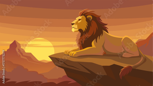 A lone lion rests atop a rocky outcropping his golden mane shimmering in the fading sunlight as he gazes out at the endless savannah stretching before him.