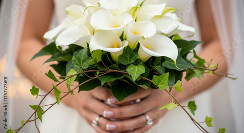 A hyper-realistic, high-detail close-up photograph of a bride's hands gently holding a gorgeous wedding bouquet filled with white Calla Lilies