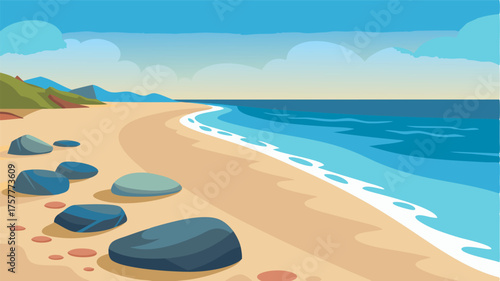 A quiet stretch of beach with smooth pebbles instead of sand offering a unique and peaceful landscape.