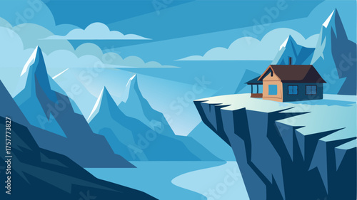 A lone cabin perches on the edge of a cliff overlooking the glacial fjord below a testament to the resilience and fortitude of those who call this unforgiving land home.