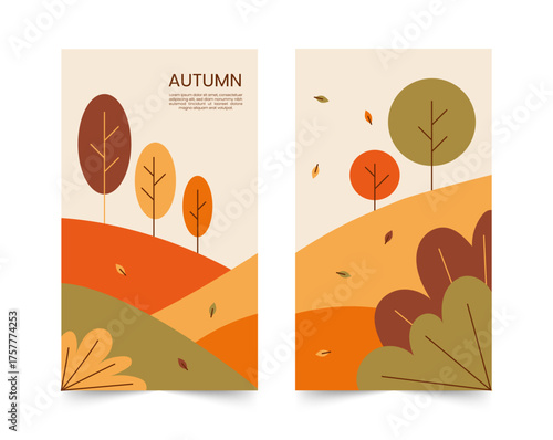 Minimalist Autumn Modern Landscape Set. Abstract Fall Hills and Trees in Warm Orange and Brown Tones. Vector illustration.