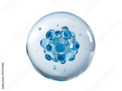 Close-up of a transparent sphere containing blue inner bubbles, representing a microscopic or molecular structure.