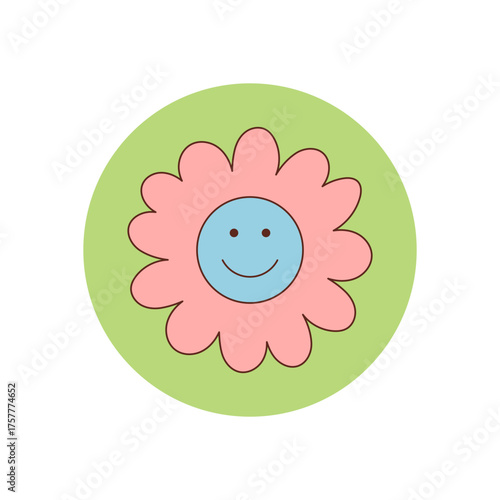 Groovy retro flower with happy smile and round colorful shape sticker. Cute y2k sticker as a package seal or lid, with circle style for playful and positive packaging.