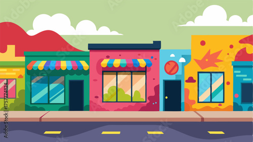 A row of abandoned storefronts brought to life with colorful and imaginative murals breathing new life into the once forgotten space.