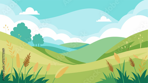 A peaceful meadow nestled between two hills its grass swaying in the gentle breeze.