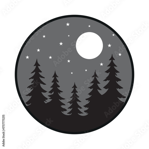 Night Forest Silhouette with Moon and Stars , Pine Tree Landscape Vector , Nature Wilderness Design