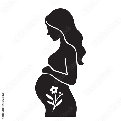 Pregnant Woman Silhouette with Flower , Maternity Motherhood Vector , Expecting Mom Pregnancy Design