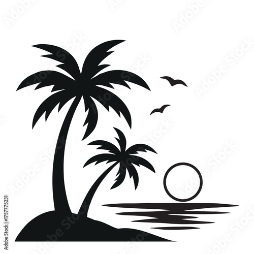 Tropical Palm Tree Sunset Silhouette — Beach Island Vector Clipart for T-Shirts & Decals