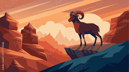 A lone bighorn sheep navigates the steep incline of the desert plateau its hooves effortlessly scaling the rocky terrain. The distant silhouette of a coyote adds to the feeling of
