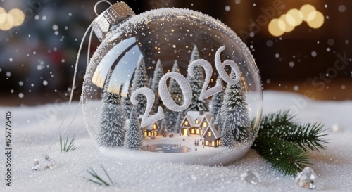 A snow globe depicts a winter scene with the year 2026 inside, festive and charming