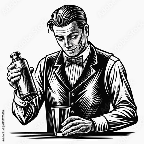Bartender Pouring Drink from Bottle to Glass Vintage Black and White Woodcut Style Vector Illustration