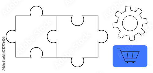 Two interlocking puzzle pieces, a gear symbol, and a shopping cart icon symbolize collaboration, optimization, e-commerce, teamwork, problem-solving, system integration, and solution-building in