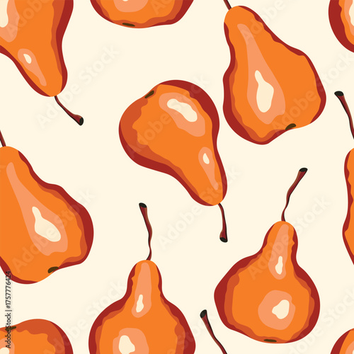 Seamless pattern with pear on color background. Natural delicious fresh ripe tasty fruit. Sweet pears with leaves. Food concept. Vector illustration for print, fabric, textile.