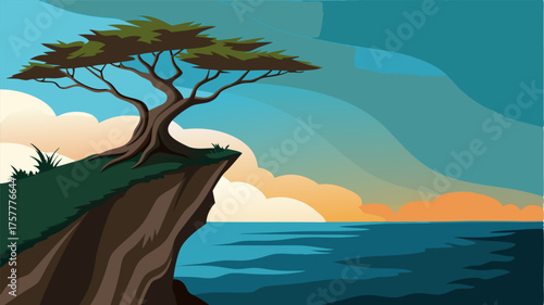 An ancient tree stands sentinel near the edge of a steep cliff its gnarled branches seeming to reach towards the endless expanse of the ocean.