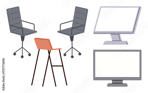 Two swivel chairs, a high stool, and two flat-screen monitors showcasing minimal office decor. Ideal for workplace setup, teamwork, meetings, productivity, organization, design furniture concepts