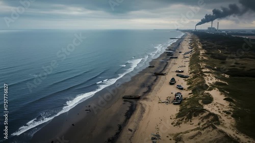 Aerial view of an abandoned industrial beach polluter with large smoke stacks polluting the environment, environmental disaster concept footage