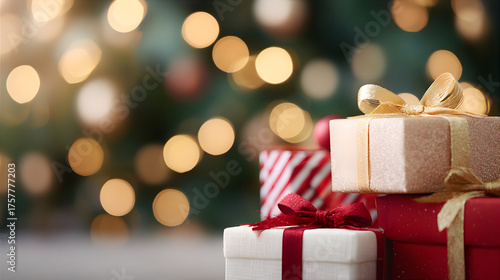 Stack of festive Christmas gifts arranged in front of a sparkling bokeh background. Holiday present for celebration and festive design element concept.