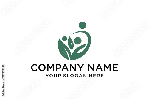 Abstract Green Community and Nature Logo with Embracing People and Leaves