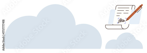 Digital document with signature, pen, and cloud background emphasizes secure online processes. Ideal for legal files, contract management, online collaboration, innovation, cloud technology, digital