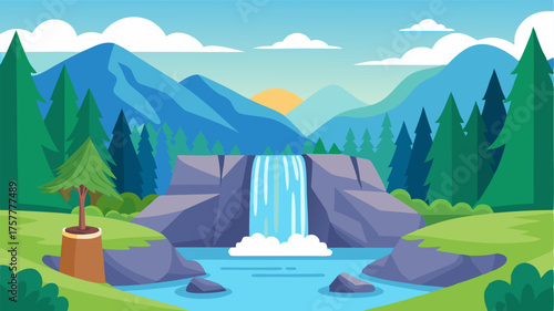 A cascading waterfall nestled within a forested area providing a calming backdrop for yoga classes and outdoor events hosted in the park.