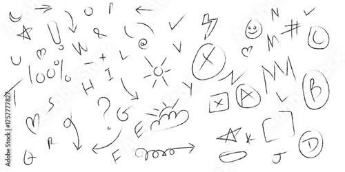 Large Collection of Hand Drawn Doodle Elements and Symbols, Sketch Arrows, Letters, Numbers, and Marker Shapes Set on a White Background